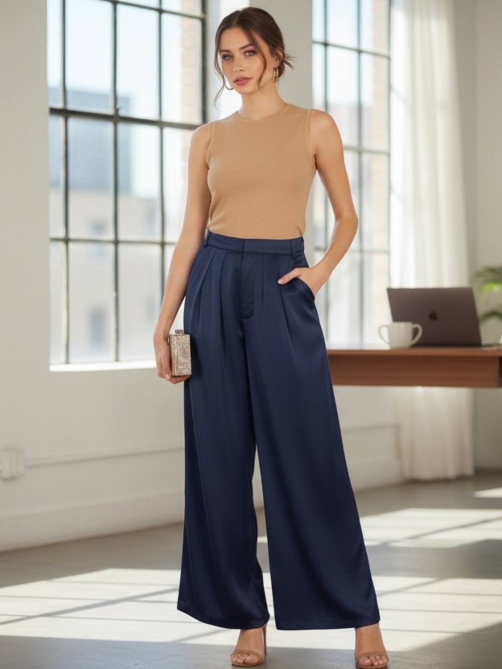 Petal & Pup NWT‎ Joyce Satin Navy Blue Wide-Leg Pleated Flowy Pants